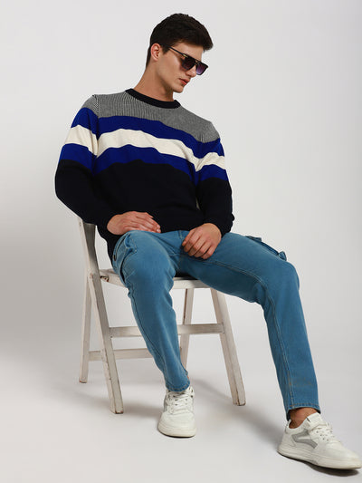 Men's Navy & Grey Striped Acrylic Pullover Sweater