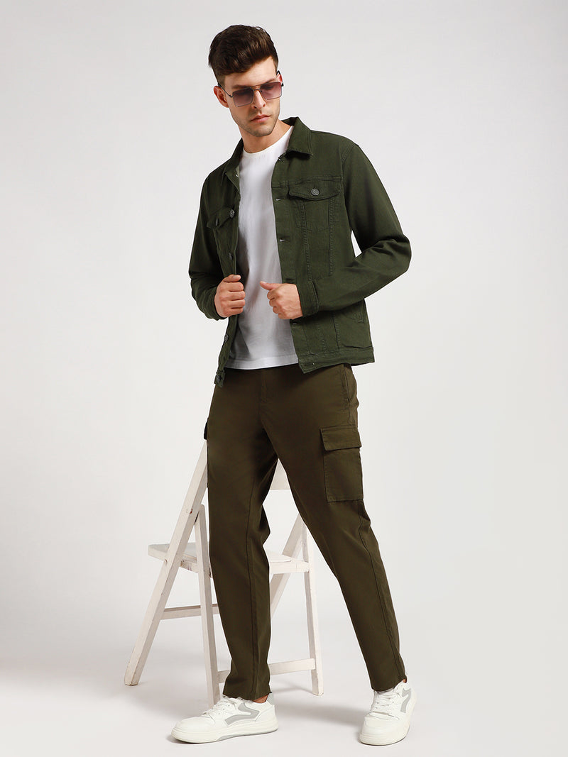 Men's Dark Olive Solid Cargo Trousers