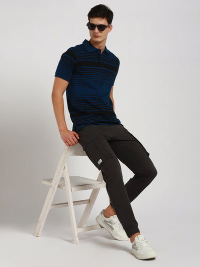 Dennis Lingo Men's Spread Collar Regular Fit Y/D Stripes Blue T-Shirt