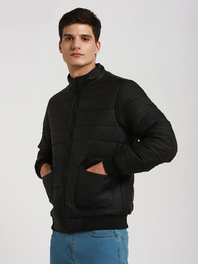 Men's High Neck Regular Fit Solid Quilted Navy Jackets