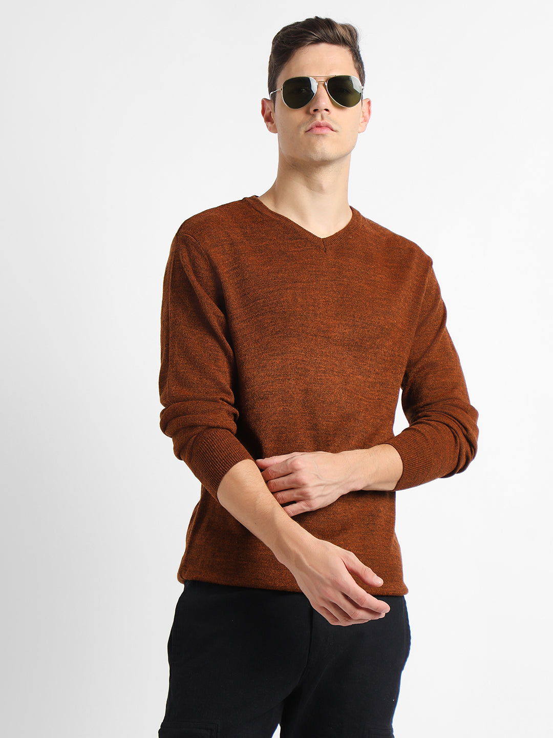 Men s V neck Solid Rust Pullover Sweater DENNIS LINGO