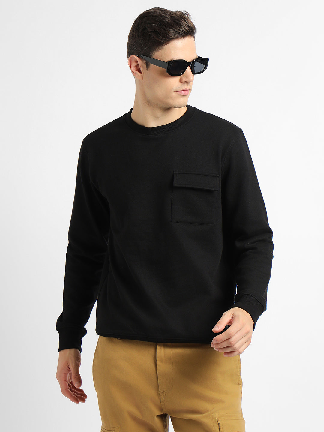 Men's Mock Neck Regular Fit Solid Patch Pocket Black Sweatshirt