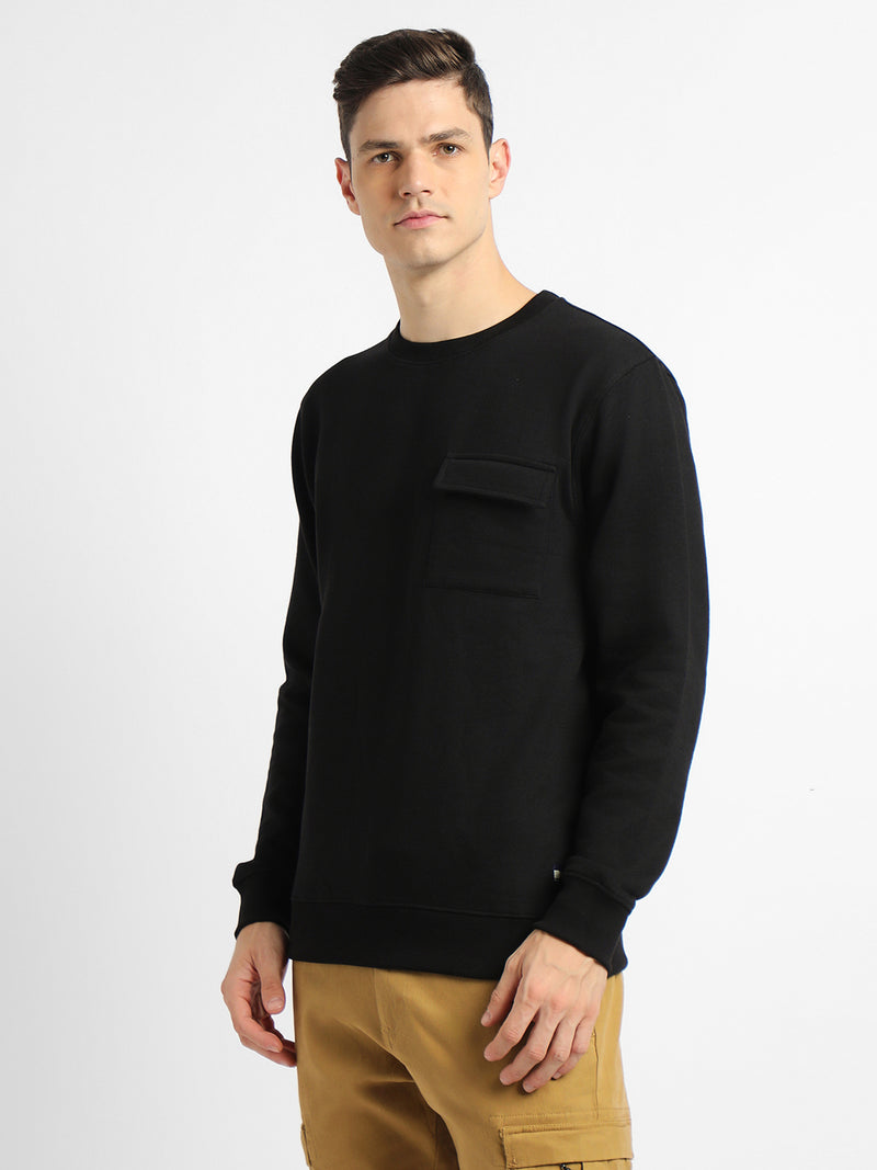 Men's Mock Neck Regular Fit Solid Patch Pocket Black Sweatshirt