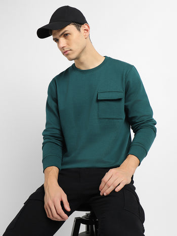 Men's Mock Neck Regular Fit Solid Patch Pocket Teal Sweatshirt