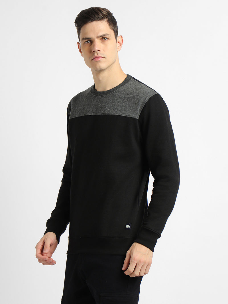 Men's Round Neck Regular Fit Colourblock Black Sweatshirt