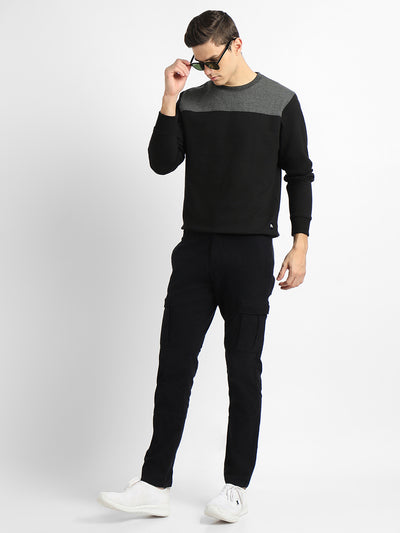 Men's Round Neck Regular Fit Colourblock Black Sweatshirt