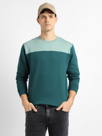 Men's Round Neck Regular Fit Colourblock Teal Sweatshirt