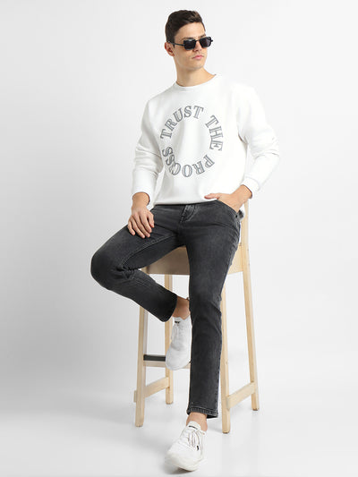 Men's Mock Neck Regular Fit Chest Print White Sweatshirt