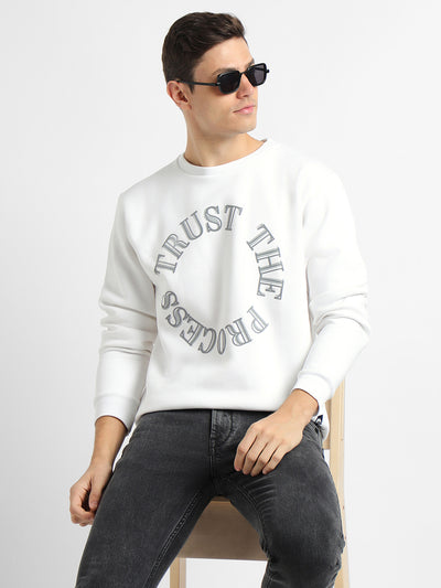 Men's Mock Neck Regular Fit Chest Print White Sweatshirt