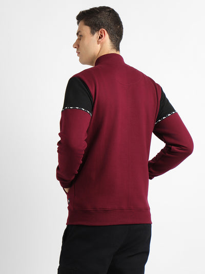 Dennis Lingo Men's Mock Neck Regular Fit Panelling Maroon Sweatshirt