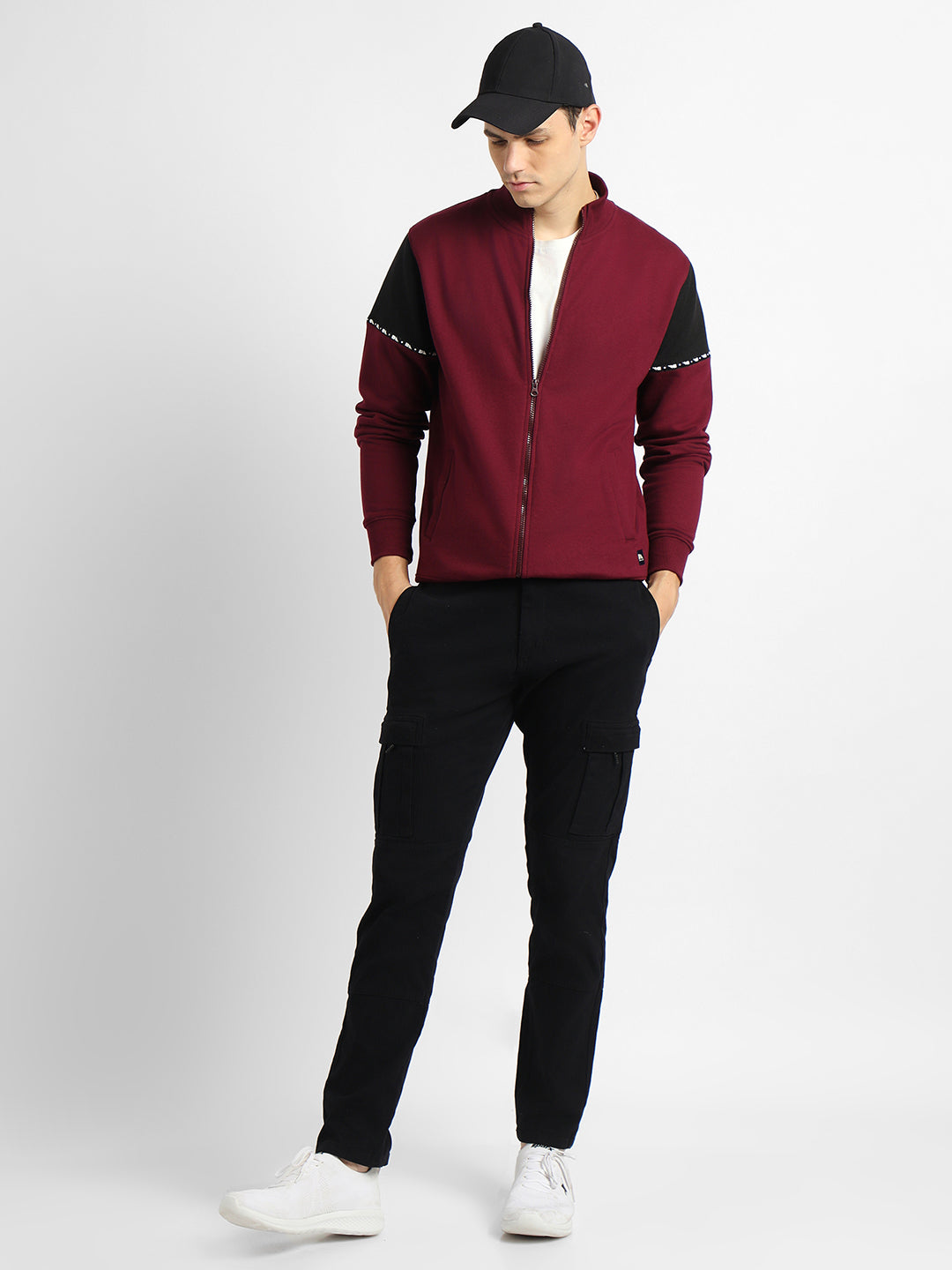 Dennis Lingo Men's Mock Neck Regular Fit Panelling Maroon Sweatshirt