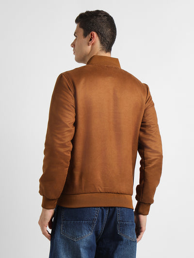 Men's Rib Collar Regular Fit Solid Tan Suede Bomber Jacket