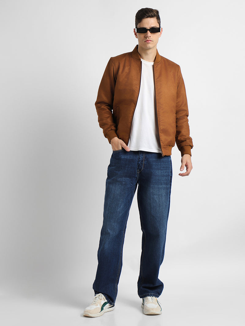 Men's Rib Collar Regular Fit Solid Tan Suede Bomber Jacket