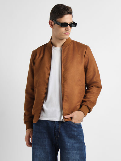 Men's Rib Collar Regular Fit Solid Tan Suede Bomber Jacket