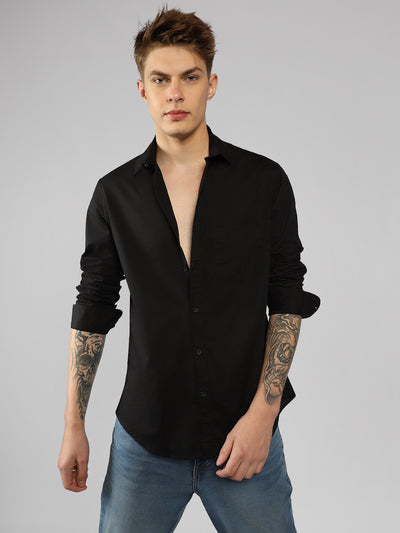 Men's Cotton Black Solid Casual Shirt