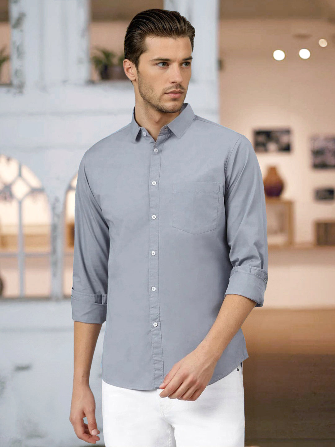 Men's Solid Sea Blue Slim Fit Cotton Casual Shirt