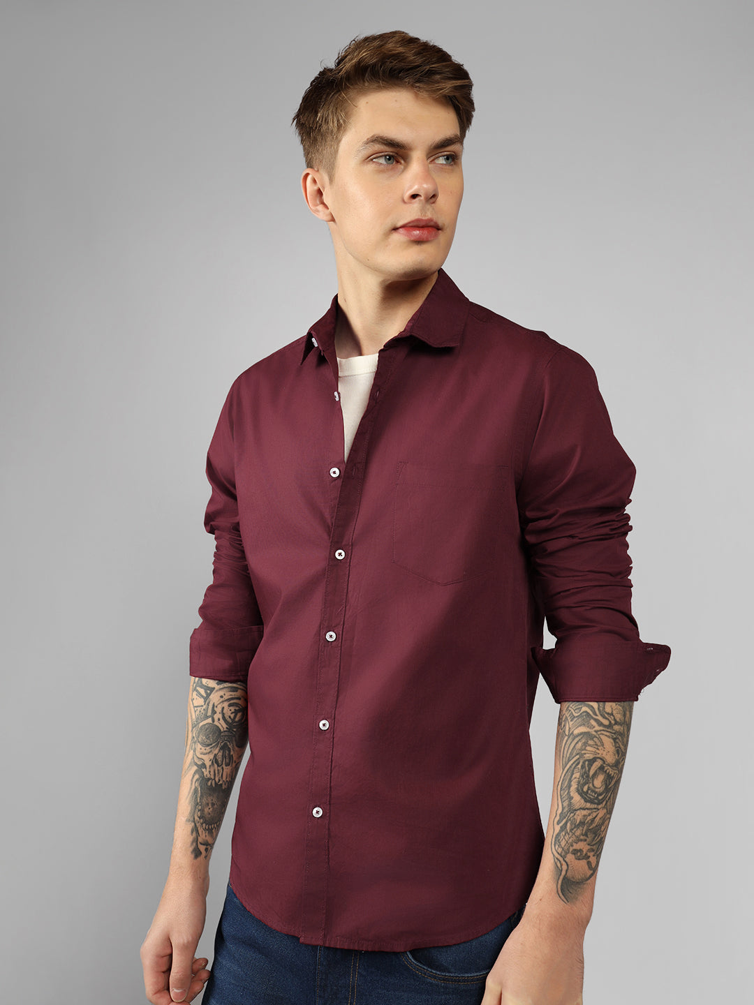 Men's Solid Maroon Slim Fit Cotton Casual Shirt