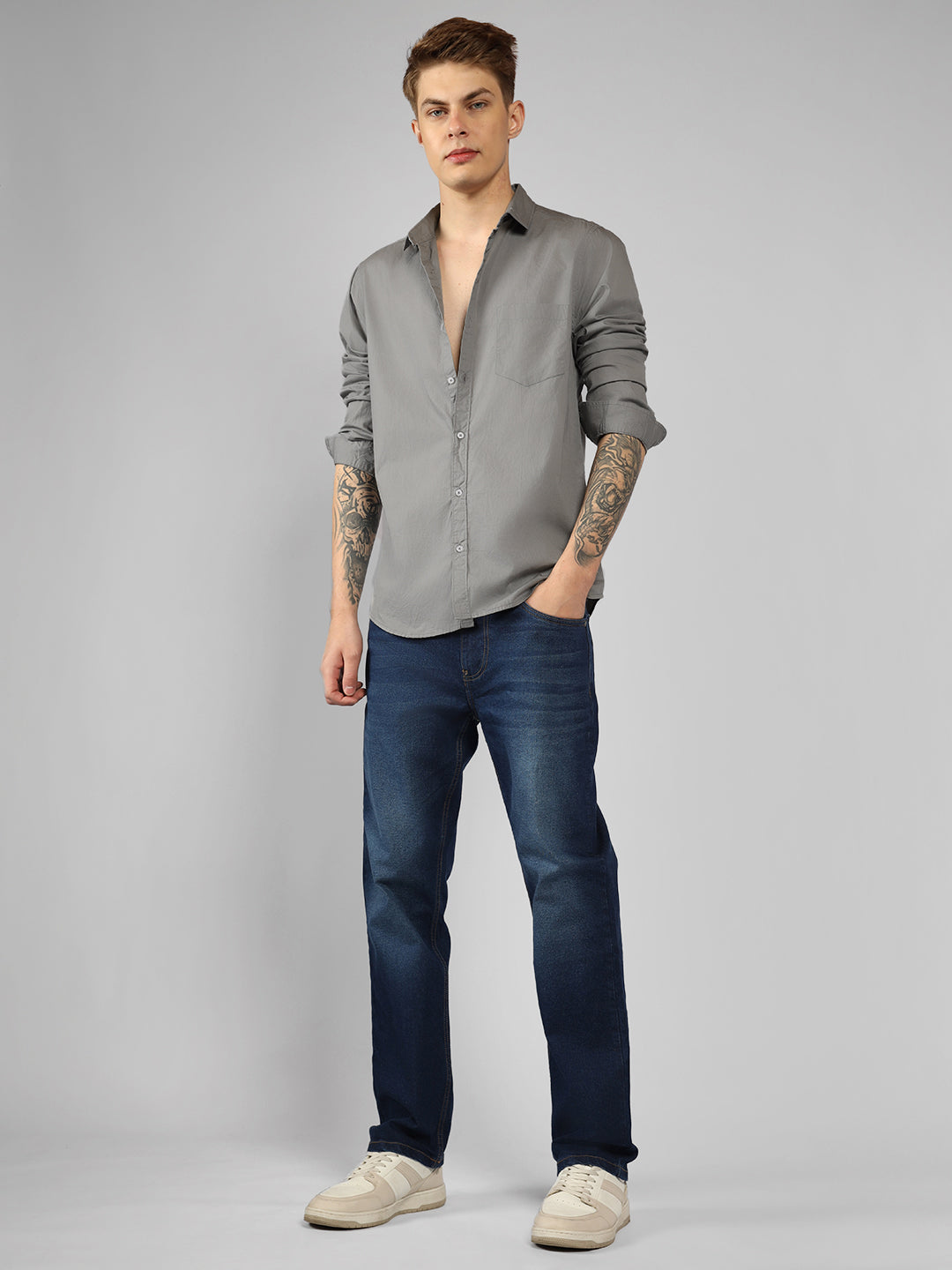 Men's Solid Slate Grey Slim Fit Cotton Casual Shirt