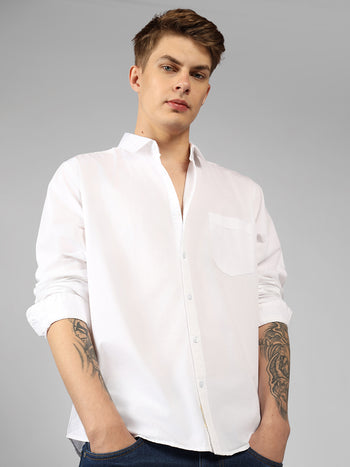 Men's Cotton White Solid Casual Shirt