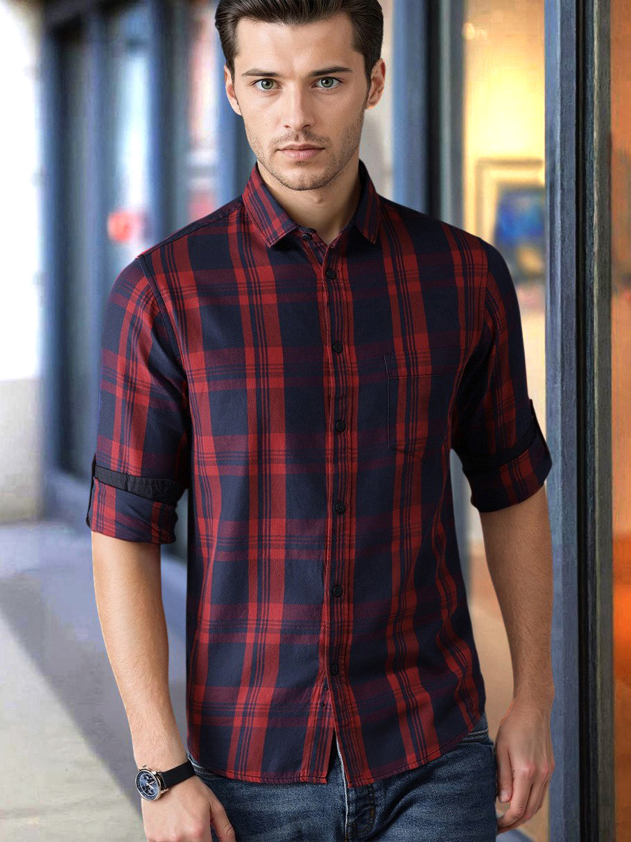 Men's Cotton Red Checkered Casual Shirt