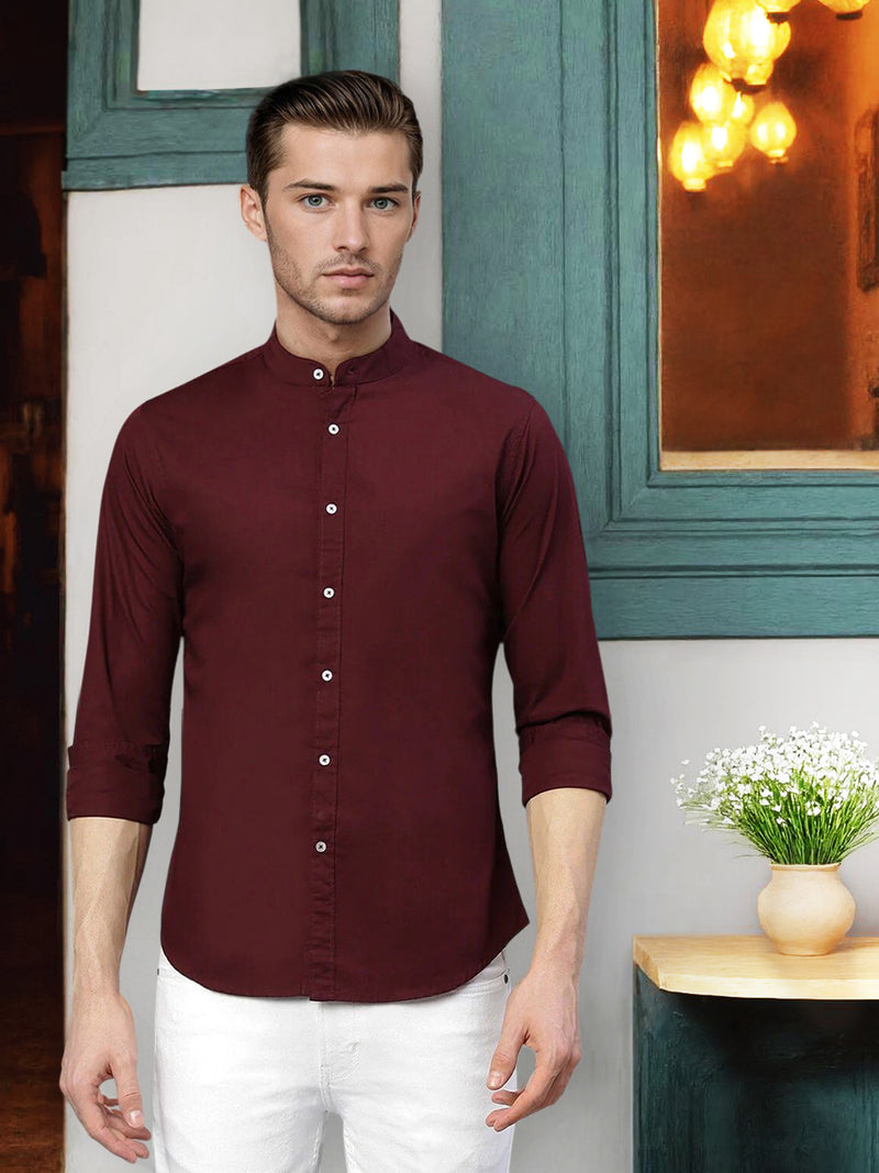 Men's Solid Chinese Collar Burgundy Casual Shirt