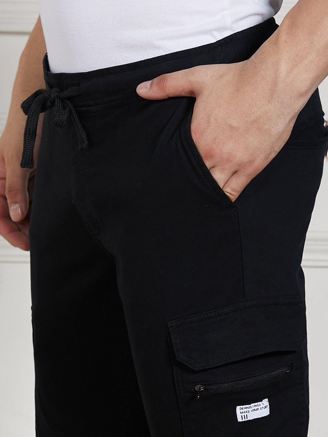 Men's Black Cotton Lycra Solid Stretchable Regular Fit Cargo Joggers