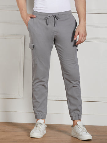 Men's Mid Grey Cotton Lycra Solid Stretchable Regular Fit Cargo Joggers