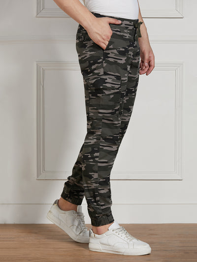 Men's Grey Cotton Lycra Camouflage Stretchable Regular Fit Cargo Joggers