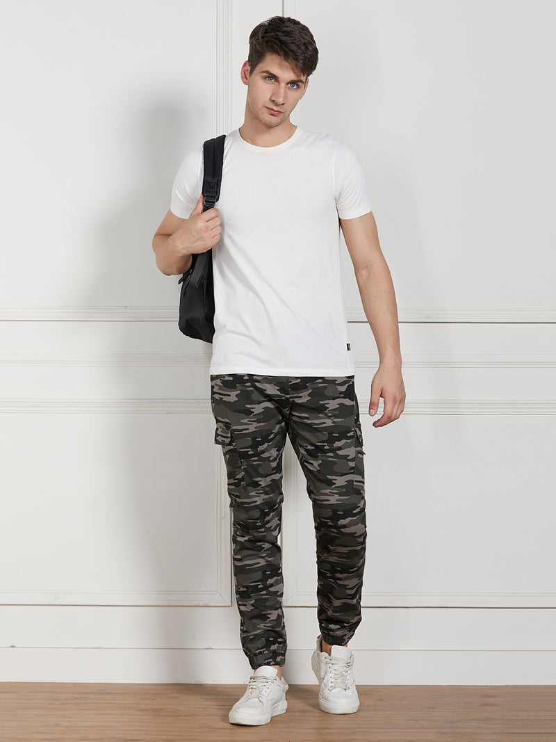 Men's Grey Cotton Lycra Camouflage Stretchable Regular Fit Cargo Joggers