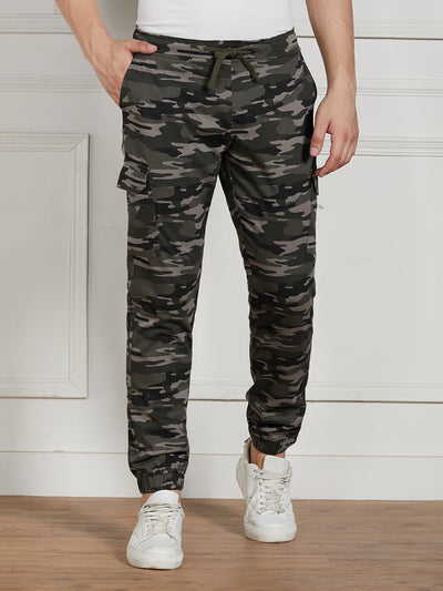 Men's Grey Cotton Lycra Camouflage Stretchable Regular Fit Cargo Joggers