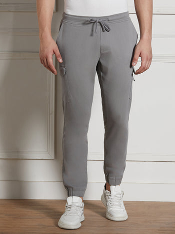 Men's Mid Grey Cotton Lycra Solid Stretchable Regular Fit Cargo Joggers