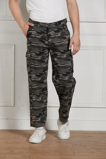 Men's Grey Cotton Lycra Camouflage Stretchable Relaxed fit Cargo Trousers