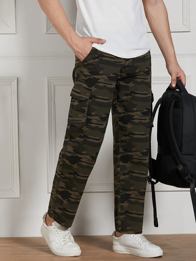 Men's Olive Cotton Lycra Camouflage Stretchable Relaxed fit Cargo Trousers