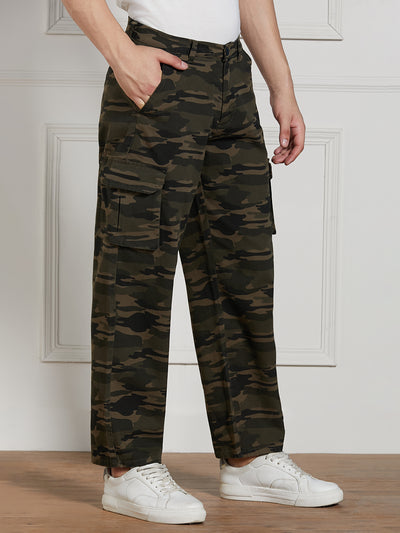 Men's Olive Cotton Lycra Camouflage Stretchable Relaxed fit Cargo Trousers