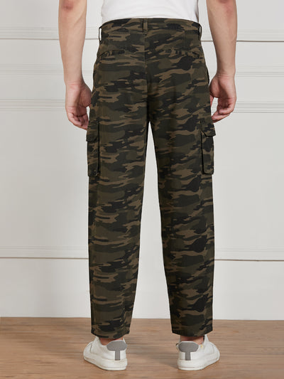 Men's Olive Cotton Lycra Camouflage Stretchable Relaxed fit Cargo Trousers