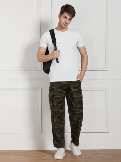 Men's Olive Cotton Lycra Camouflage Stretchable Relaxed fit Cargo Trousers