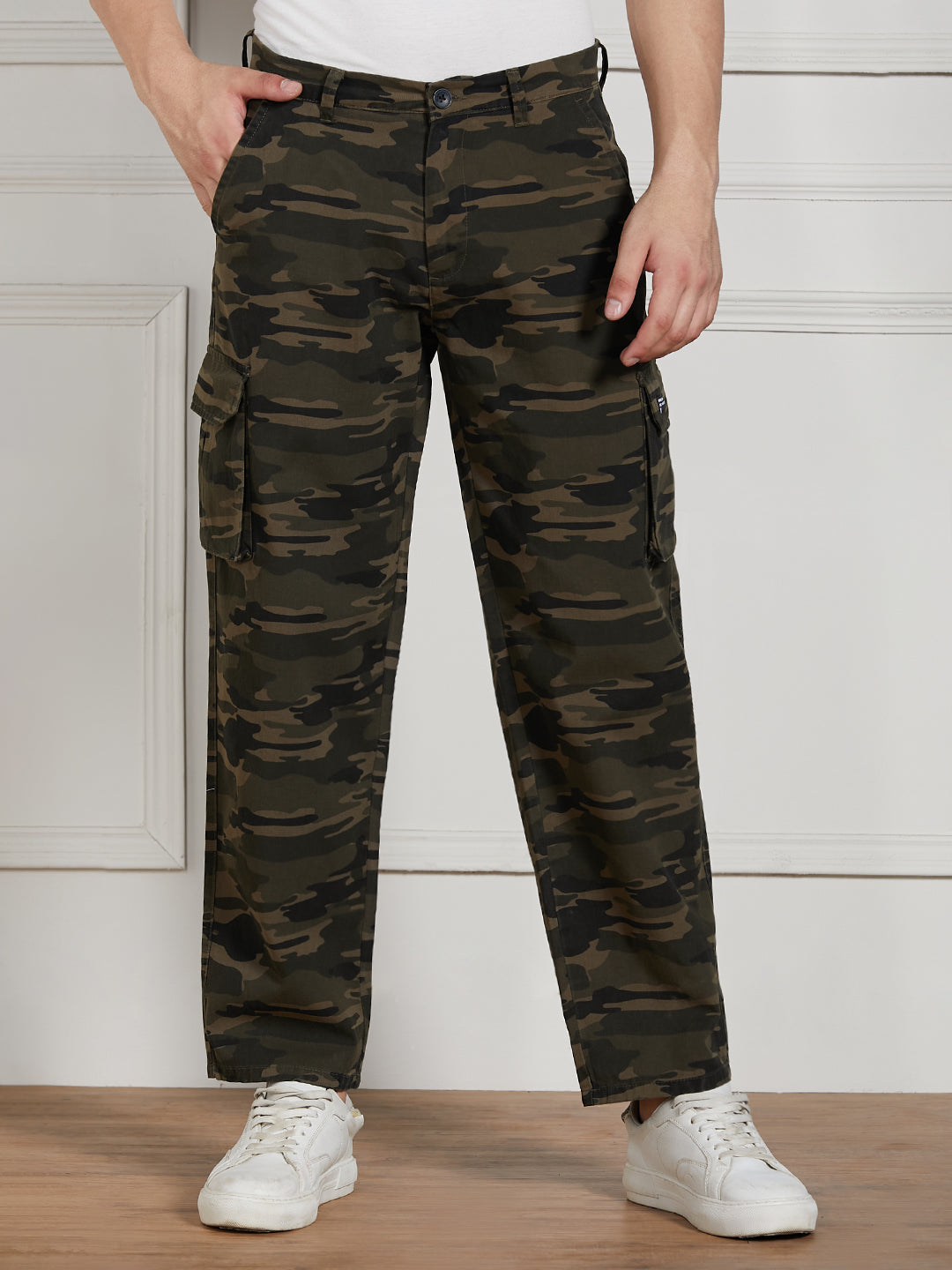 Men's Olive Cotton Lycra Camouflage Stretchable Relaxed fit Cargo Trousers