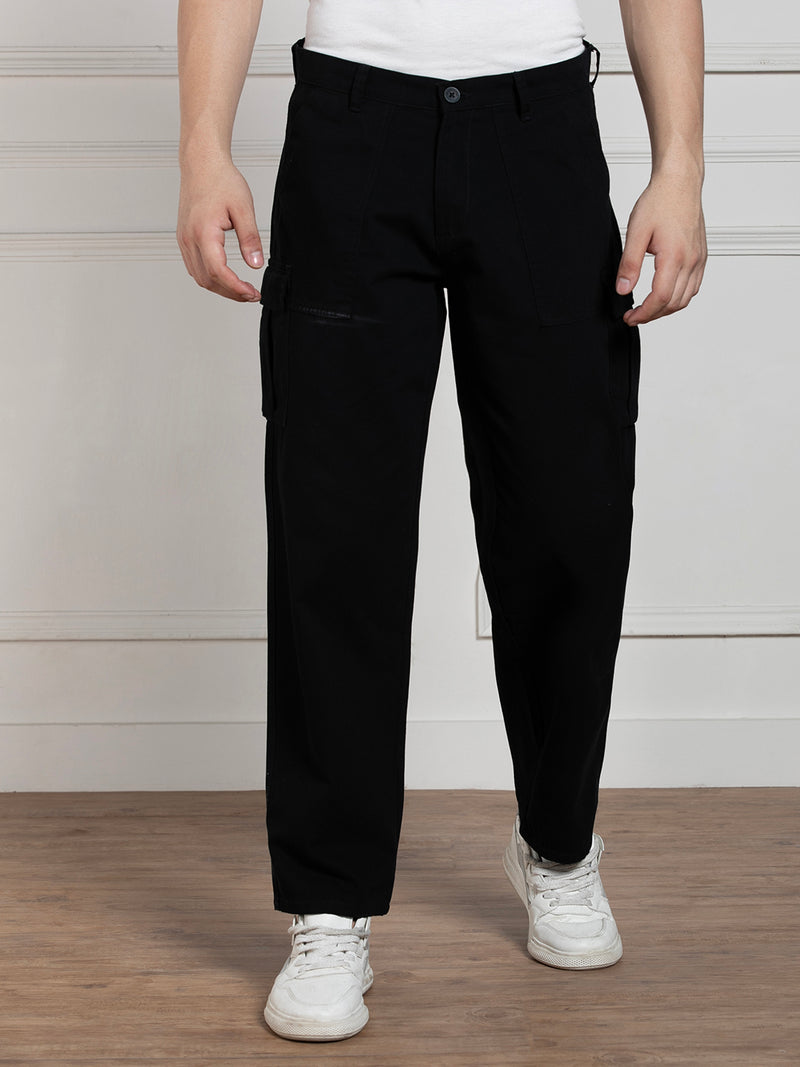 Men's Solid Black Stretchable Cargo Trousers