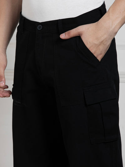 Men's Solid Black Stretchable Cargo Trousers