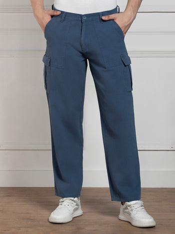 Men's Solid Blue Stretchable Cargo Trousers