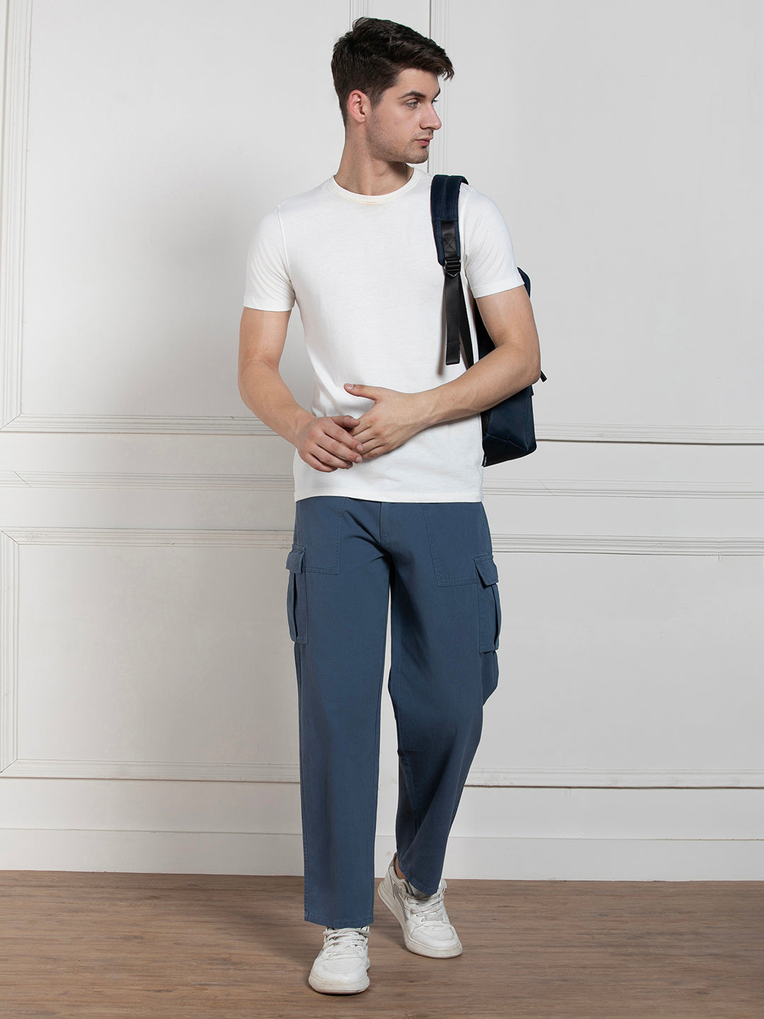 Dennis Lingo Men's Solid Blue Stretchable Cargo Trousers