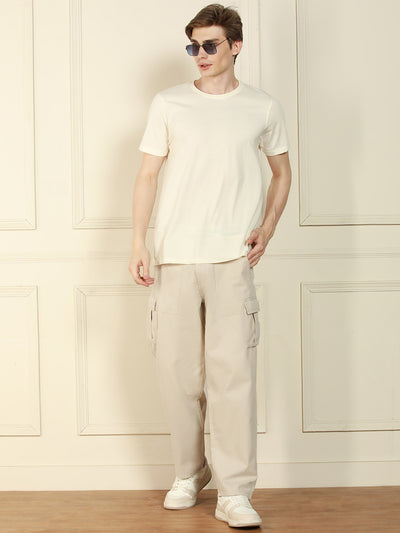 Men's Cream Relaxed Fit Solid Cotton Lycra Stretchable Trousers