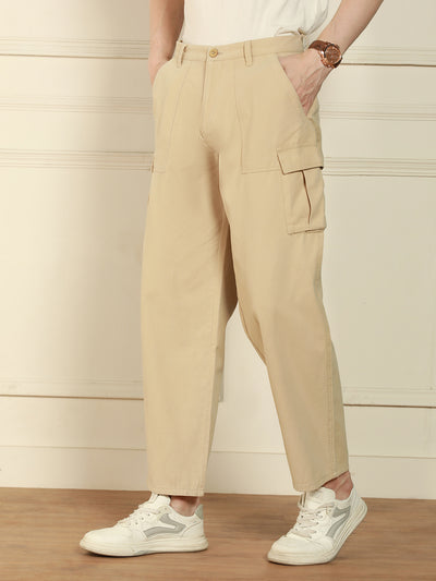 Dennis Lingo Men's light khaki Relaxed Fit Solid Cotton Lycra Stretchable Trousers