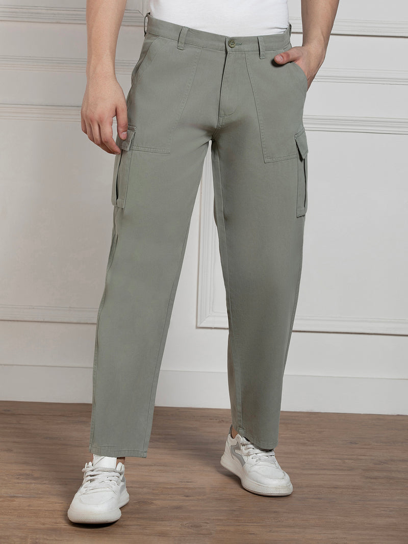 Men's Solid Sage Green Stretchable Cargo Trousers