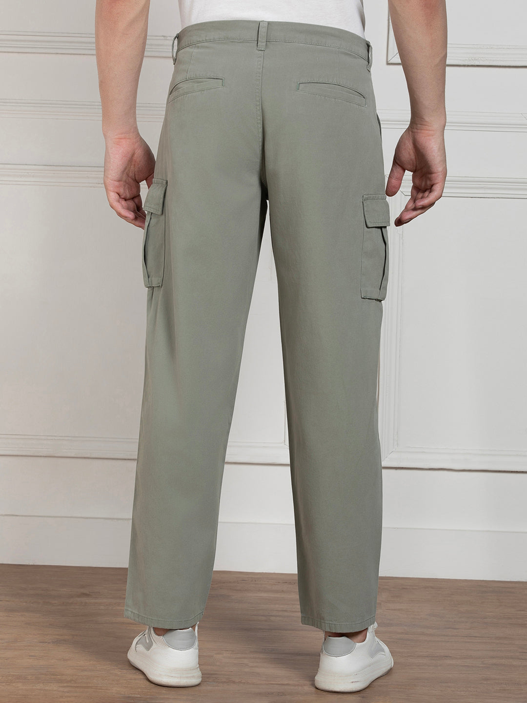 Men's Solid Sage Green Stretchable Cargo Trousers