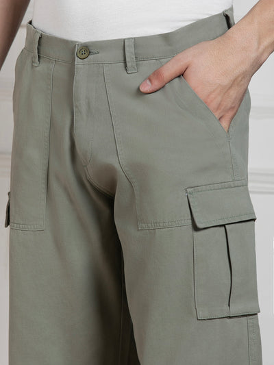 Men's Solid Sage Green Stretchable Cargo Trousers