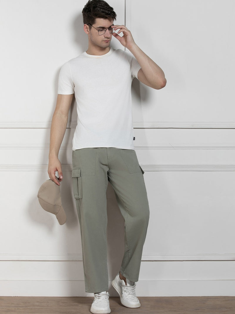 Men's Solid Sage Green Stretchable Cargo Trousers