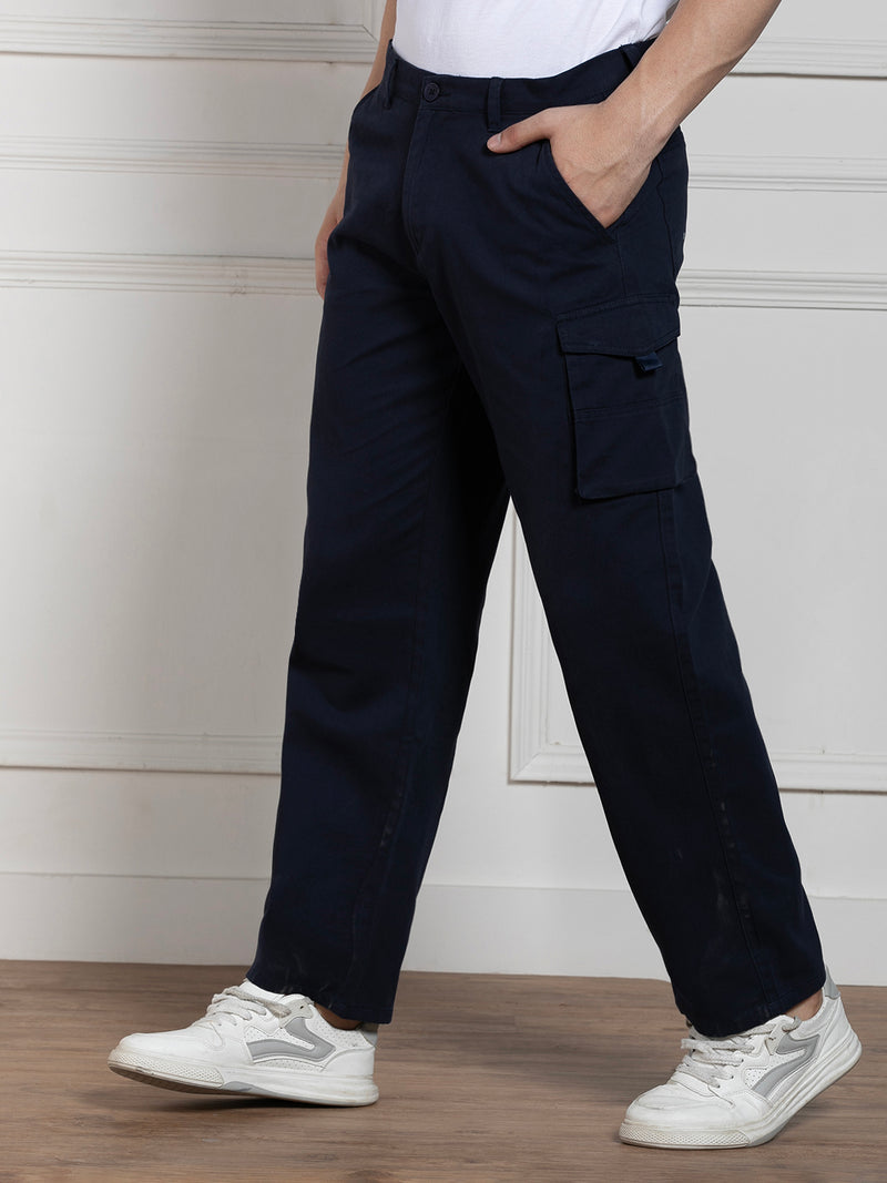 Men's Solid Navy Blue Stretchable Cargo Trousers