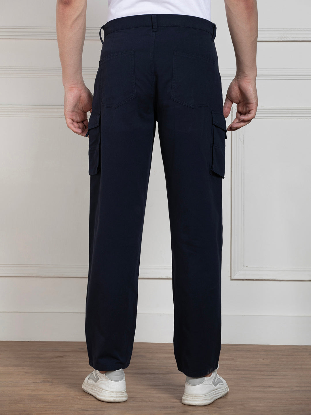 Men's Solid Navy Blue Stretchable Cargo Trousers