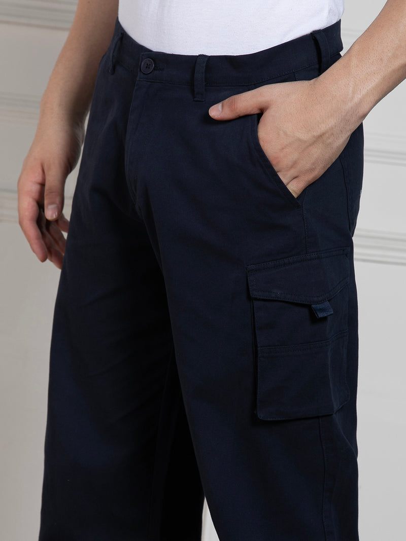 Men's Solid Navy Blue Stretchable Cargo Trousers